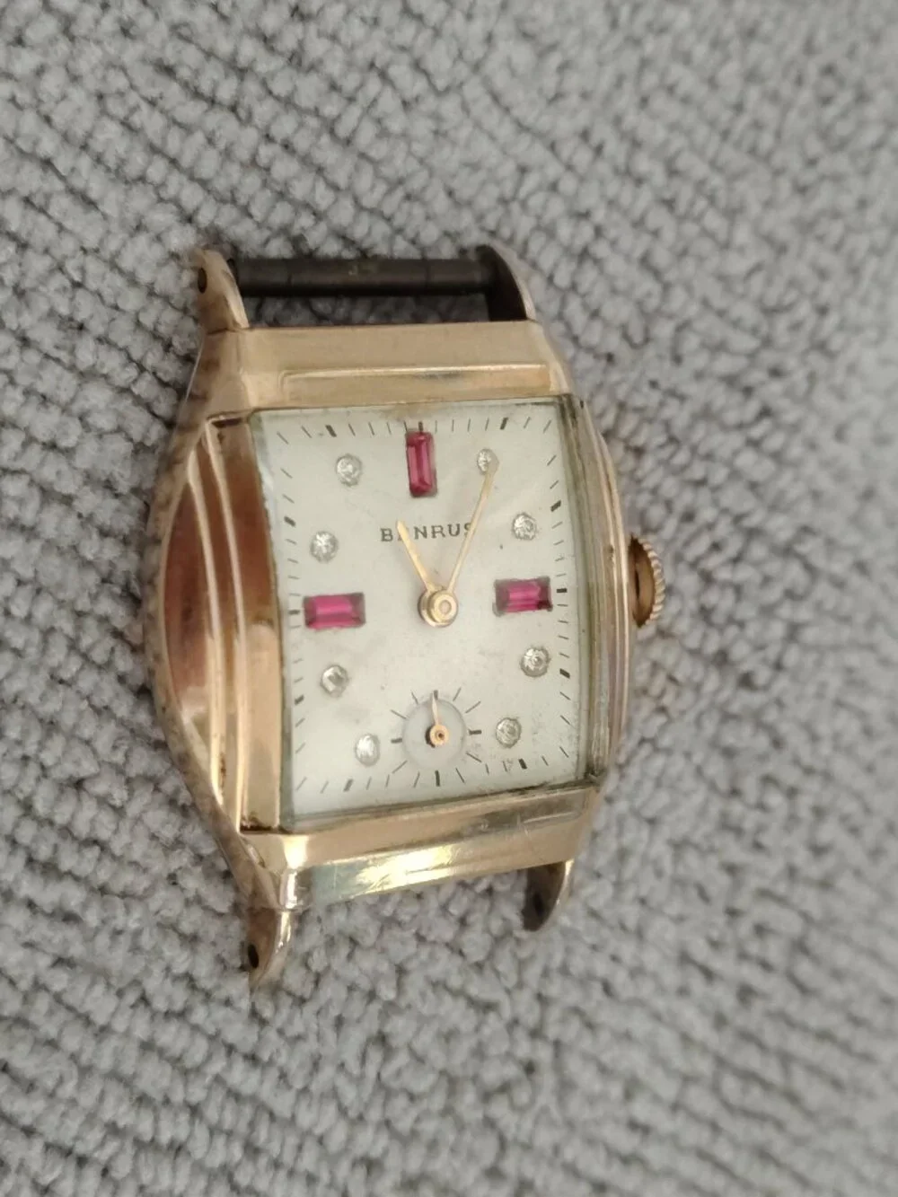 Vintage Benrus Art Deco Mens Watch Ruby Diamond Dial 10K RGP Parts Only